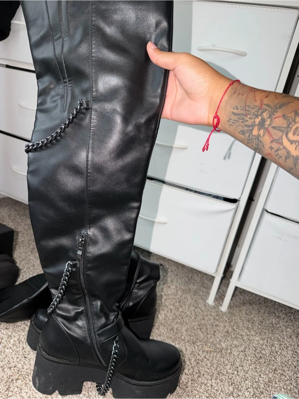Black Over-the-Knee Platform Boots with Chain & Buckle Details
